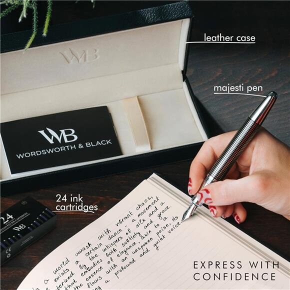 Fountain Pen-(Black Checked), Luxury Case, Stainless